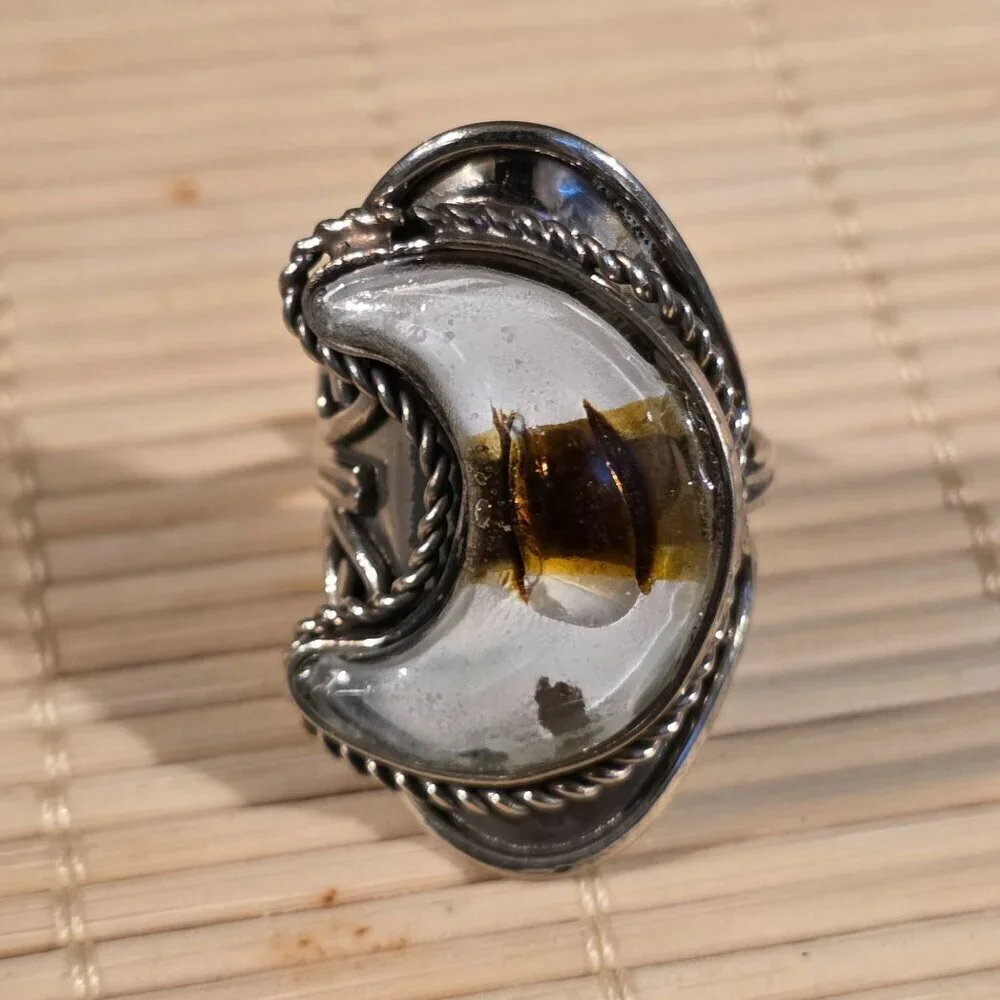 Peruvian Fused Art Glass White Silver Multi Crescent Moon OOAK Artisan Ring